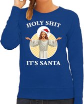 Holy shit its Santa fout Kerstsweater / kersttrui blauw voor dames - Kerstkleding / Christmas outfit L