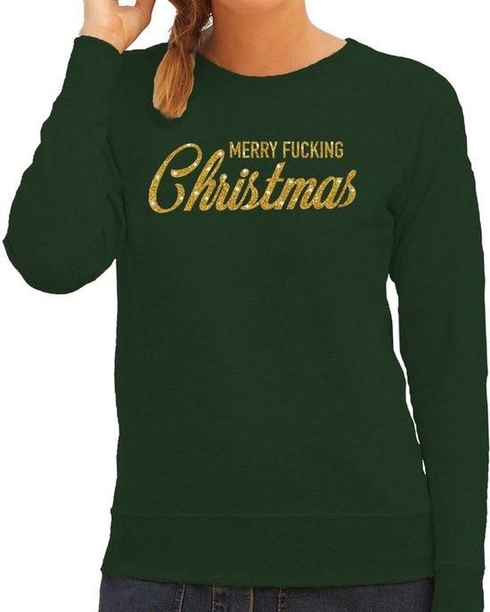 Foute Kersttrui / sweater - Merry Fucking Christmas - goud / glitter - groen - dames - kerstkleding / kerst outfit M