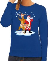 Foute kersttrui / sweater dronken kerstman en rendier Rudolf na kerstborrel/ feest blauw voor dames - Kersttruien 2XL