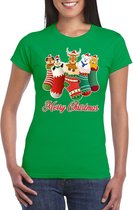 Foute Kerst t-shirt kerstsokken met diertjes - Merry Christmas - groen voor dames XL