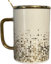 Moderne Koffie Thee Melk Mok Met Gouden Deksel En Lepel-Beker Van Keramiek-Drinkbeker-Theekopje-Koffie kopje-Wit Met Goud