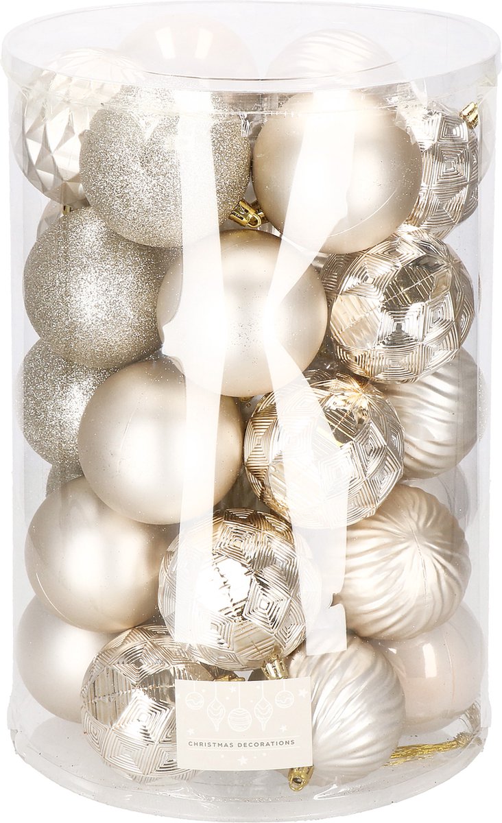 Springos Kerstballen | Kerstversiering | Onbreekbaar | 30 Stuks | 8 cm | Beige/Goud Tinten – foto 4