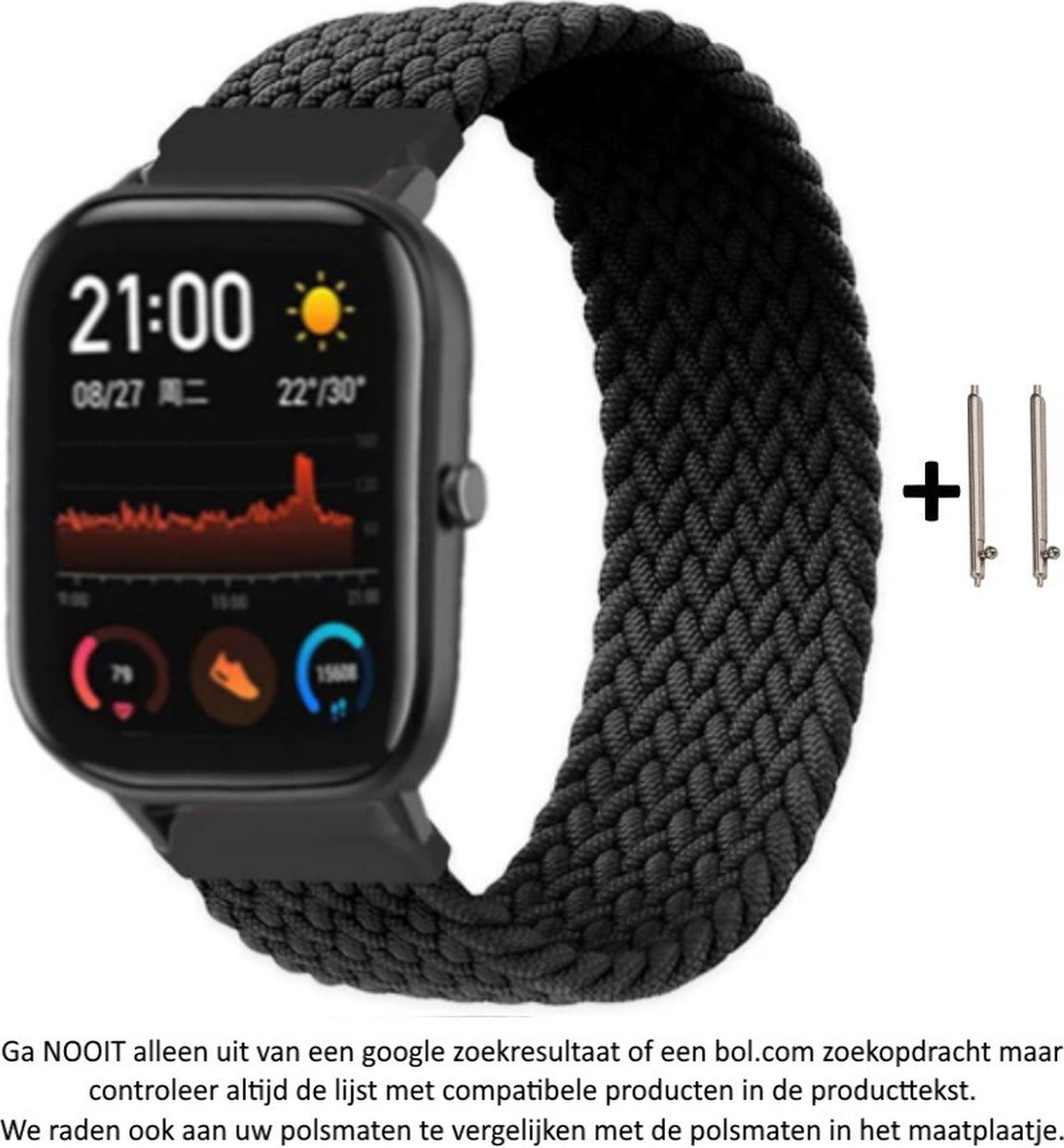 Elastisch Nylon Horlogebandje -Geschikt voor 22 mm Smartwatches - Zwart
