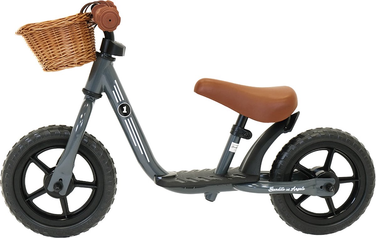 Bandits & Angels Metalen Loopfiets Met Mandje Starter Grijs met Voetenplank vanaf 2 Jaar - Limited Edition - Grijze Loop Fiets - Verstelbaar Zadel 29 tot 39 cm - Voor Jongens en Meisjes - Compact en Veilig - Lage Instap met Voetenplank — afbeelding 5