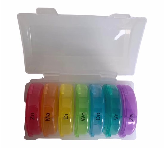Medies - Pilulier 7 jours 3 compartiments - 7 Boîtes à pilules multicolores avec boîte de rangement transparente - Verrouillage fort - Langue néerlandaise