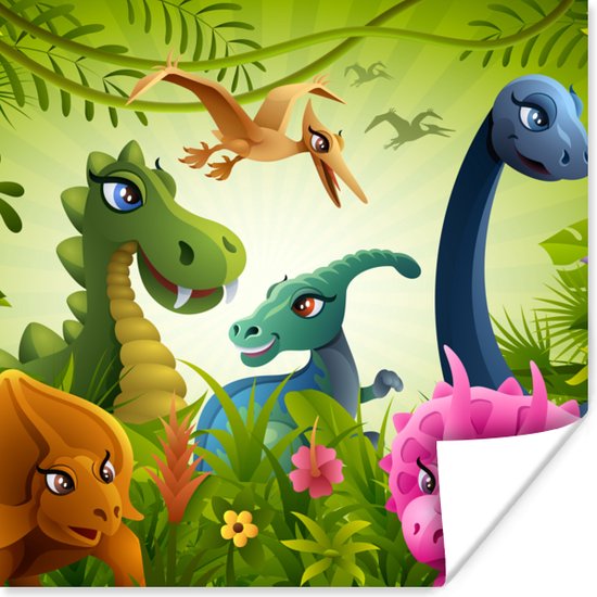 Poster Dinosaurus - Dieren - Jungle - Illustratie - Baby- Jongens - Meisjes - Kids - 100x100 cm XXL