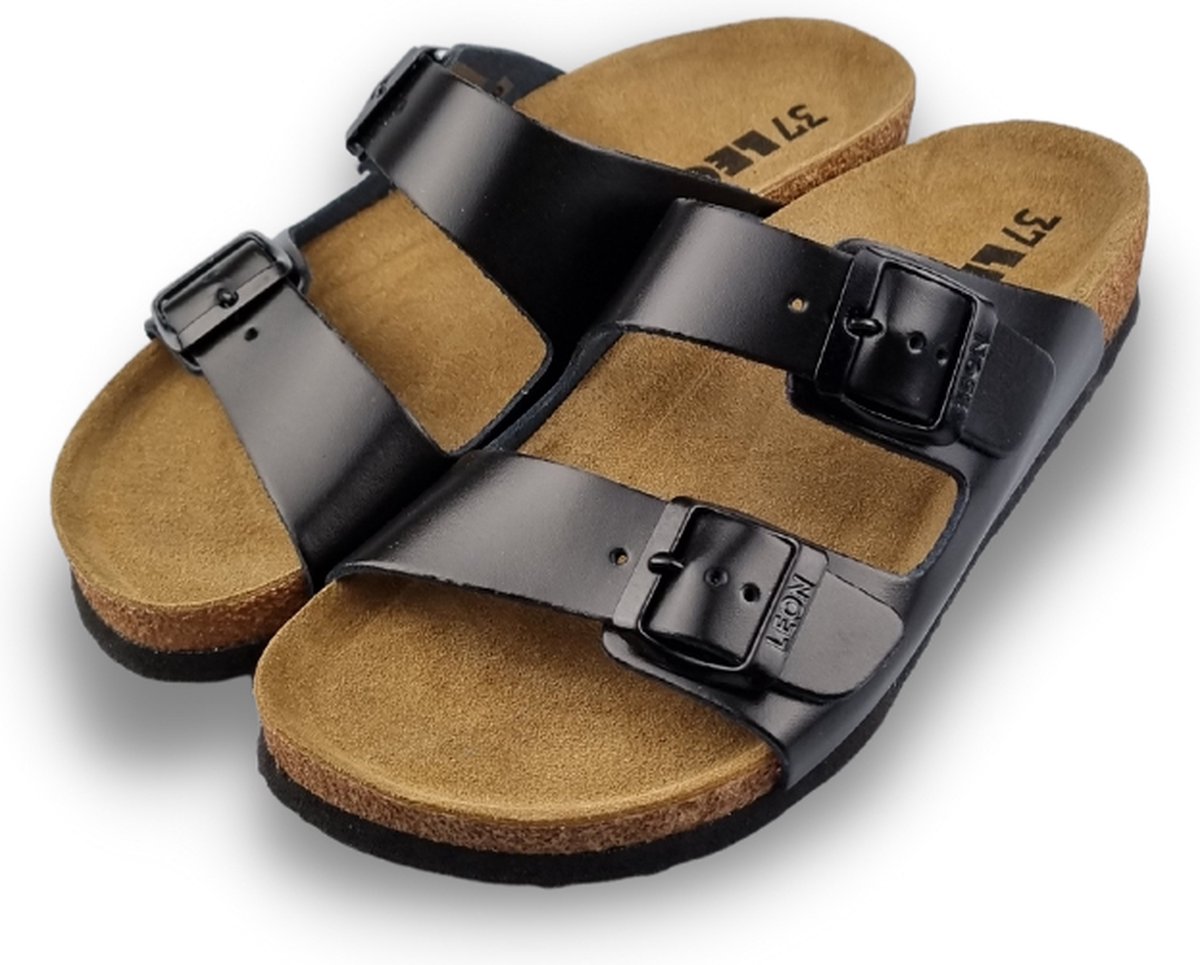 Sandalen black classic - Leon sandals - heerlijk voetbed - beide leren riemen verstelbaar - maat 41