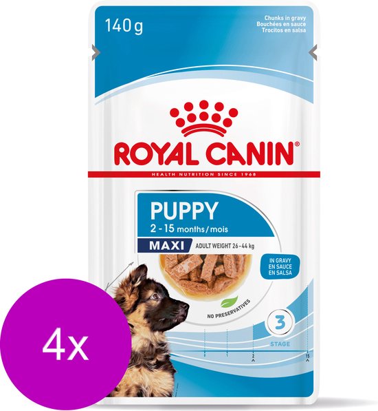 Royal Canin Maxi Puppy natvoer in saus, 4x 140g, zonder conserveermiddelen.