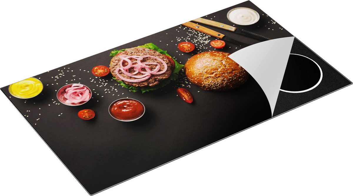 Chefcare Inductie Beschermer Hamburger Ingrediënten op een Zwarte Marmeren Plaat - 89,6x51,6 cm - Afdekplaat Inductie - Kookplaat Beschermer - Inductie Mat