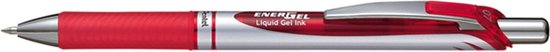 Rode Pentel EnerGel RT pen met zilveren accenten en geribbelde grip.