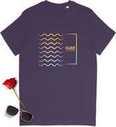 T-shirt surf - Tshirt avec motif surf graphique - T-shirt surf femme et homme - T-shirt femme homme avec imprimé surf - Tailles unisexe : SML XL XXL XXXL - Couleurs du tshirt : Zwart et violet.