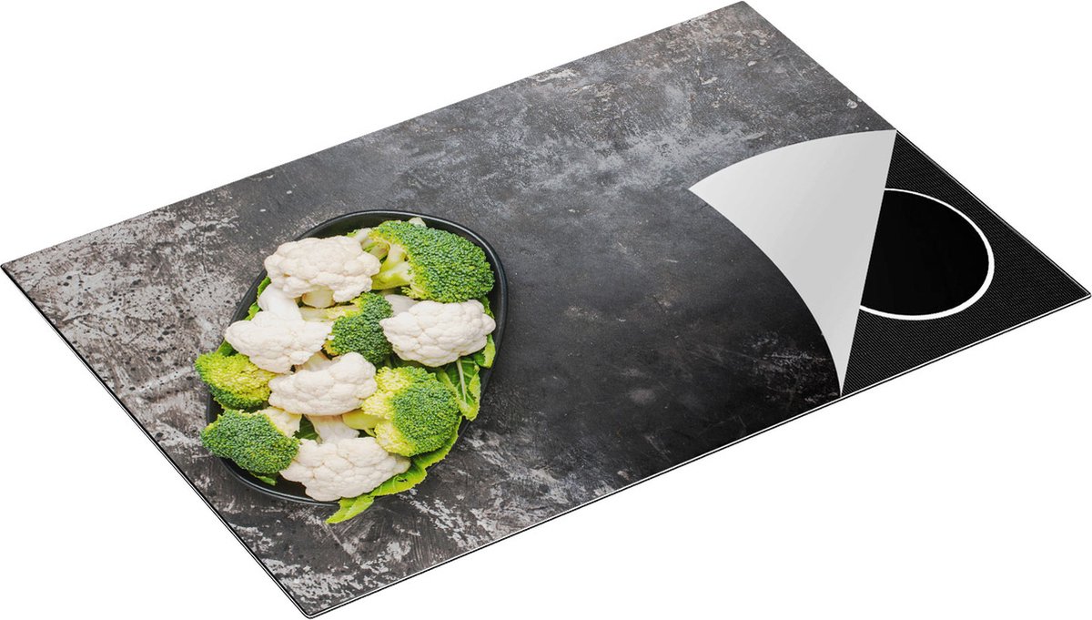 Chefcare Inductie Beschermer Bloemkool met Brocolli op Zwarte Marmer - 83x51,5 cm - Afdekplaat Inductie - Kookplaat Beschermer - Inductie Mat