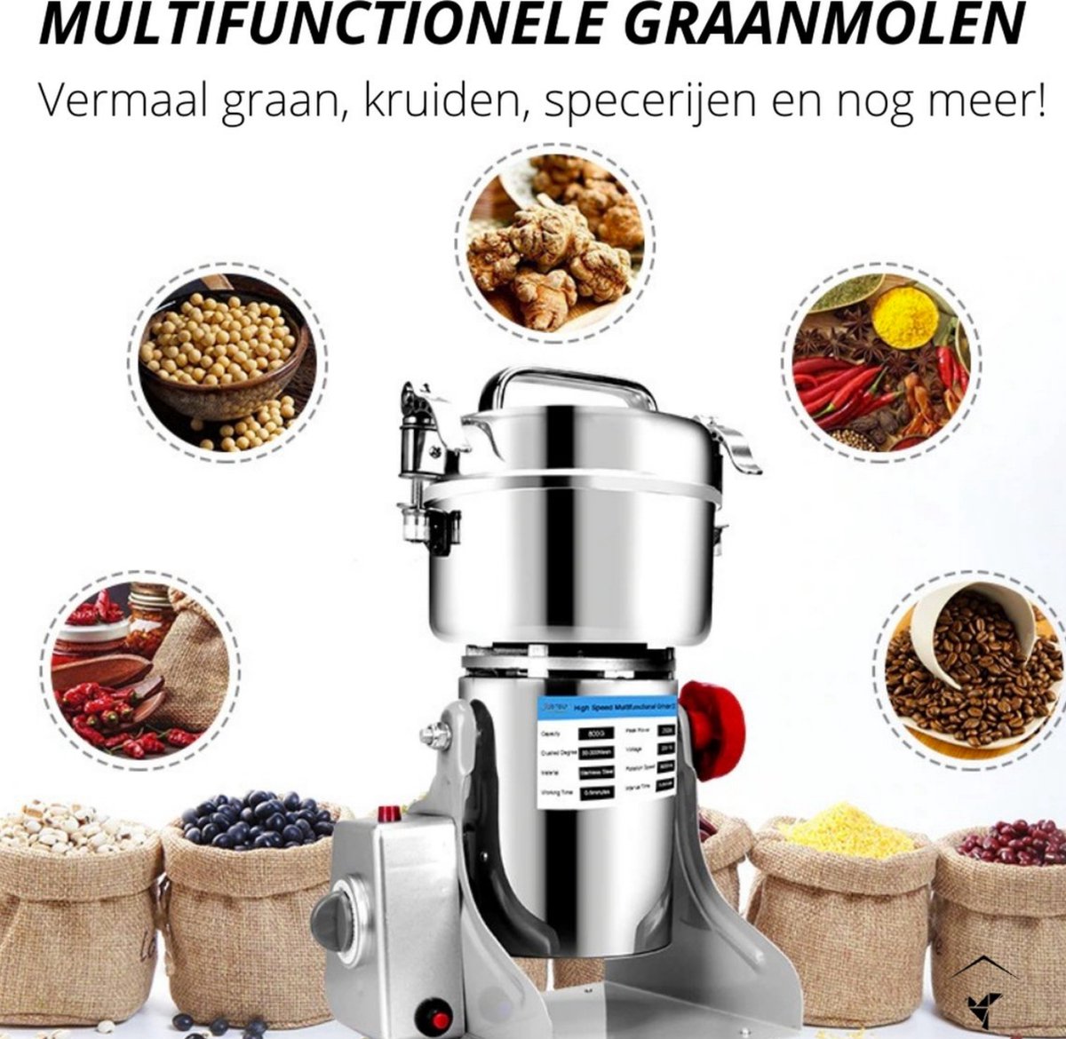 Huanyu 250W Getreidemühle Elektrische Gewürzmühle 150g Kornmühle 30-60s Kräutermühle