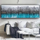 Wall-loft - hand geschilderd – Zwart Wit Blauw Bruin Grijs - Zwart Frame - Muurschilderij – Snow Forest - Eyecatcher – 70x210