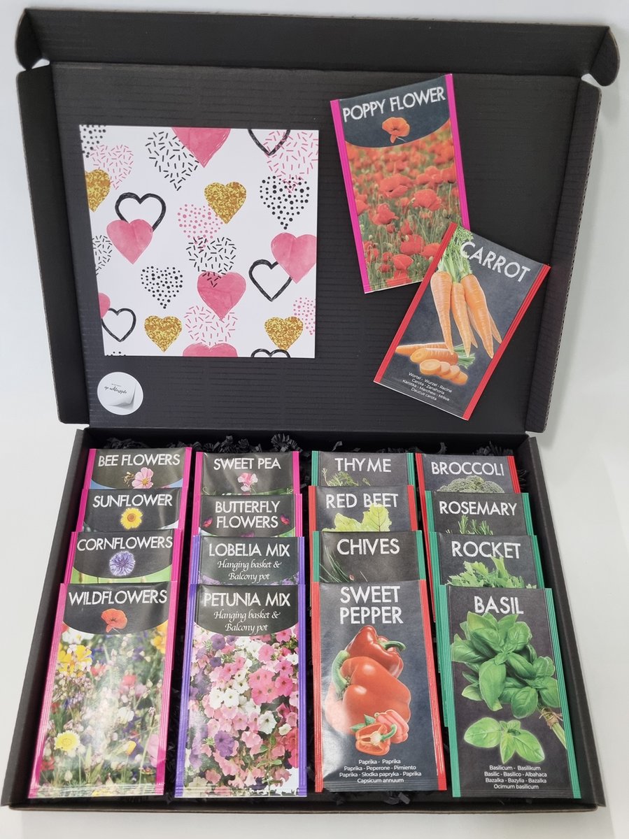 Zaden Pakket met Mystery Card 'Love (hartjes)' met jouw eigen persoonlijke videoboodschap. Pakket met 18 verschillende bloemen-, kruiden- en groentenzaden in 1 box door de brievenbus. | Verjaardag | Vaderdag | Moederdag