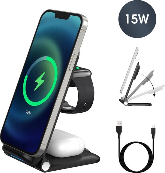 SAMMIT 3-in-1 Draadloze Oplader 15W - Wireless charger - Oplader iPhone,  iWatch &... | bol.com