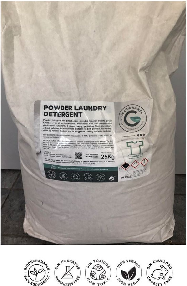 Ecologisch poederwasmiddel met percarbonaat - alle soorten kleding - 25 kilo - slechts €5 per kilo - ca. 2500 wasbeurten - zero waste - bulkproduct