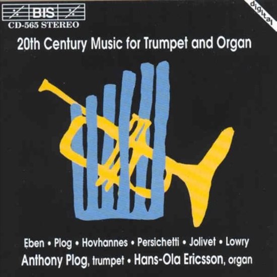 Albumcover met de titel "20th Century Music for Trumpet and Organ" in witte letters op een zwarte achtergrond. Een gele trompet wordt afgebeeld tegen een achtergrond van blauwe verticale strepen.