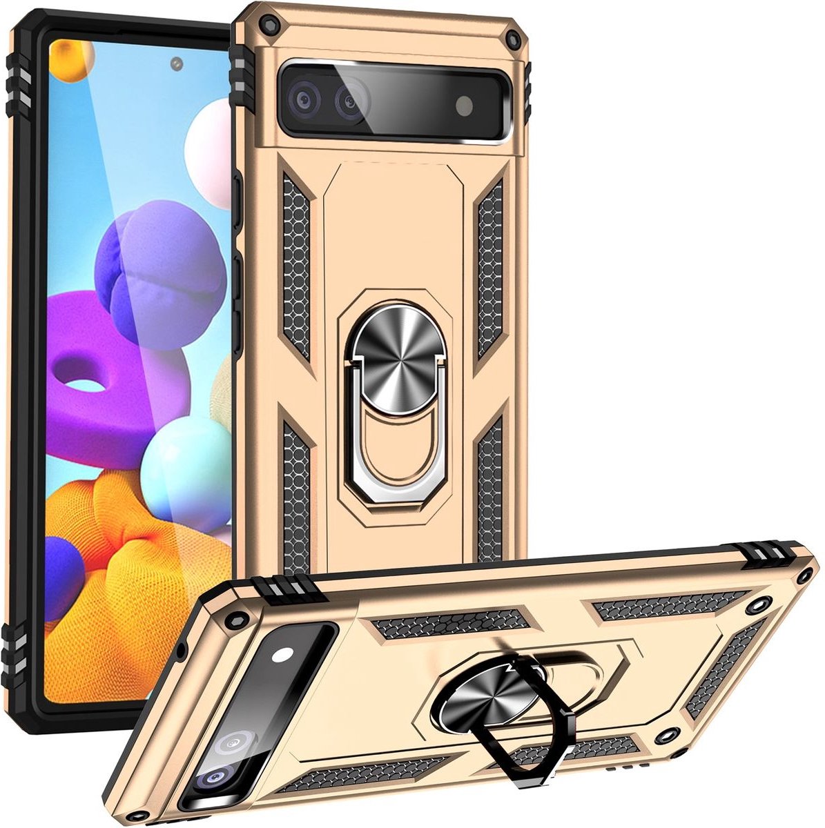 Mobigear Hoesje geschikt voor Google Pixel 6a Telefoonhoesje Hardcase | Mobigear Armor Ring Backcover Shockproof met Ringhouder | Schokbestendig Pixel 6a Telefoonhoesje | Anti Shock Proof - Goud