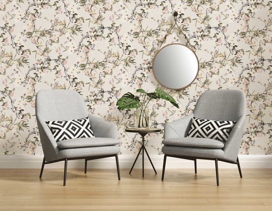Papier peint Fleurs Profhome 364982-GU papier peint intissé légèrement texturé avec motif floral mat beige vert gris rose 5,33 m2