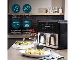 Princess Double Basket Airfryer 182074 - Dubbele Airfryer - 9 liter - 2 manden - XL - 8 programma's- 2400W - Dubbele heteluchtfriteuse - PFAS vrij - Touchscreen - RVS/Zwart - Sync functie
