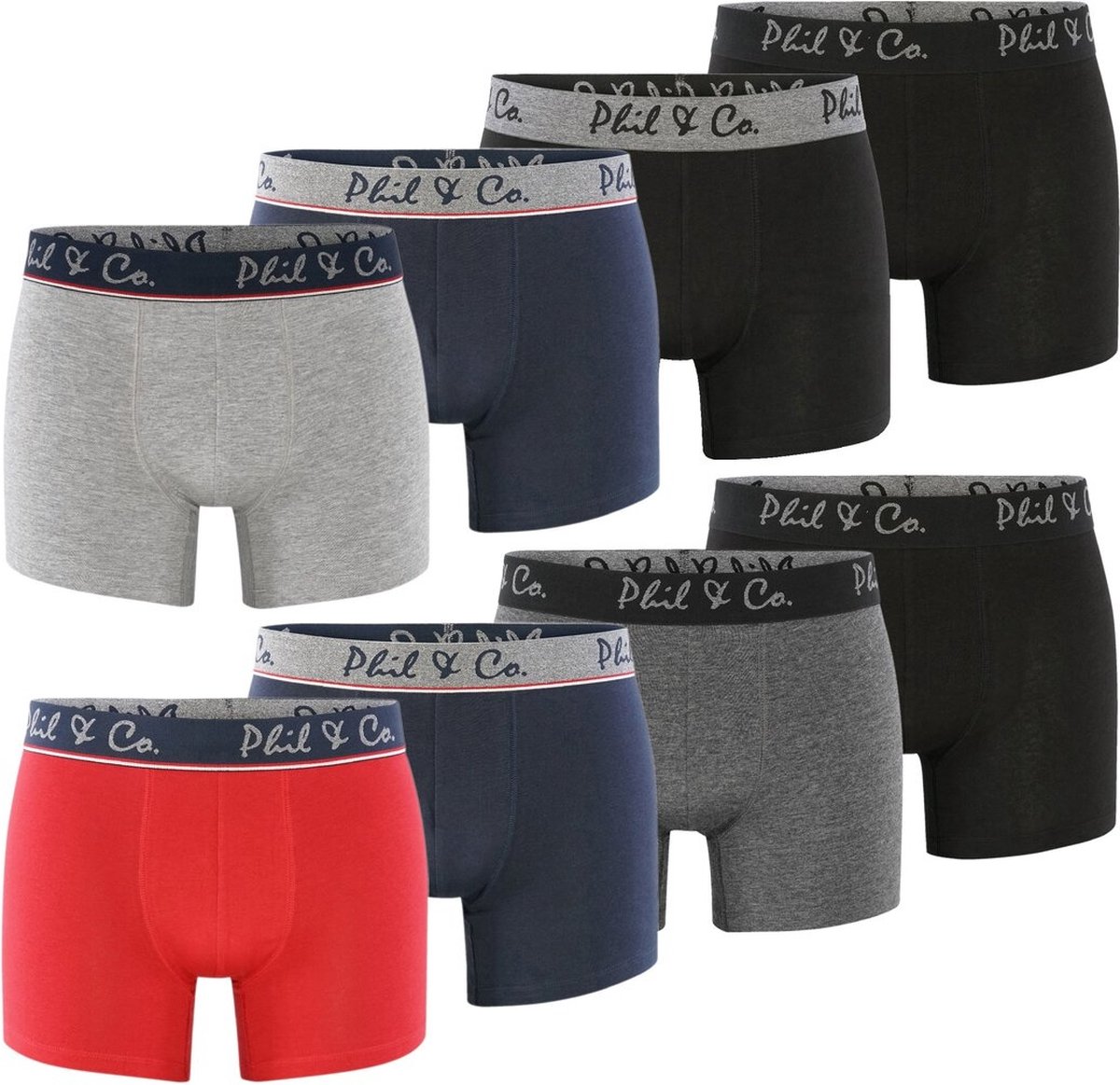 Phil & Co Boxershorts Heren Multipack 8-Pack Marine Rood Zwart Antraciet - Maat S | Onderbroek