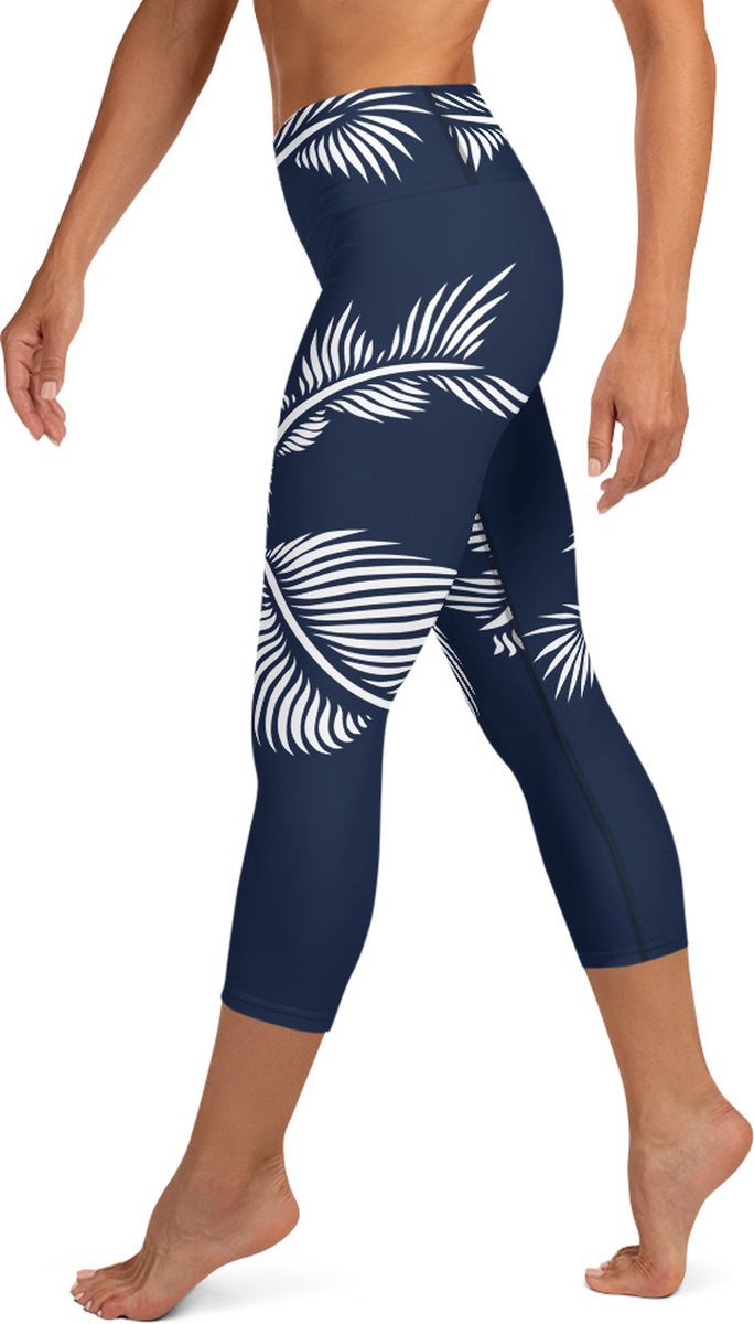 Sportlegging - Capri 3/4 - design Lines 4 Peace - High Waist - Dry Fit - High Performance - 4way stretch - unieke print - UPF 50+ - Hardloop - Yoga - Fitness - Dans - Pilates - Training - sportbroek - marineblauw wit - dames- maat M