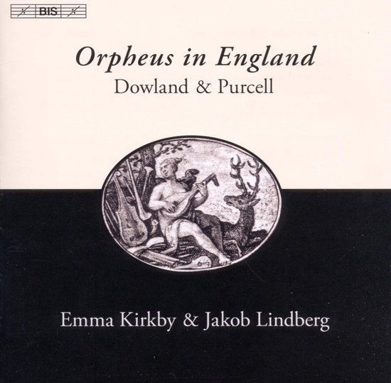 Albumhoes met de titel 'Orpheus in England' van Dowland & Purcell, met een illustratie van Orpheus die luit speelt voor een hert.