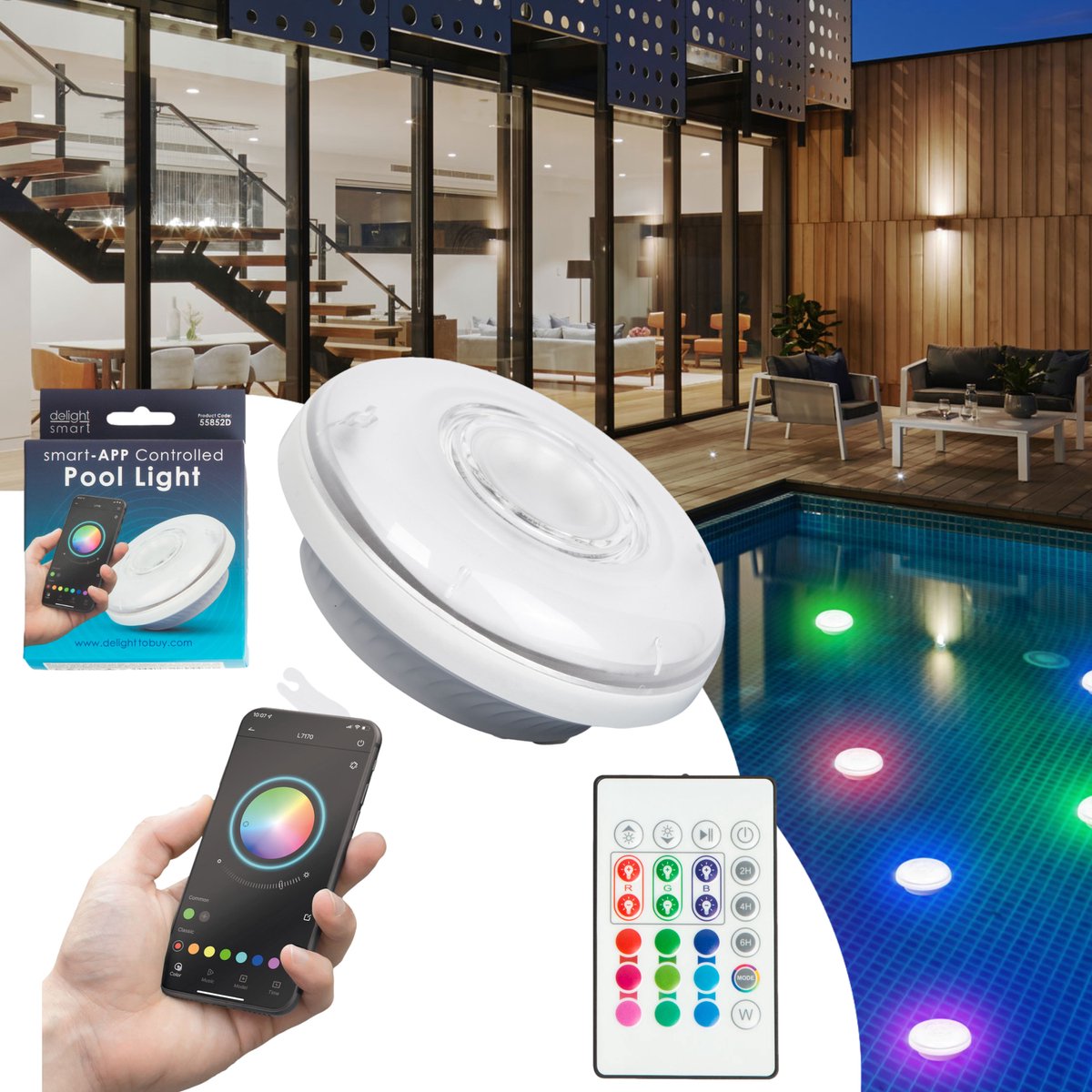 Delight - Zwembadlamp Verlichting op Batterijen met Smart APP én afstandbediening - Disco Lamp - Onderwater verlichting - Geschikt voor gebruik in zwembad