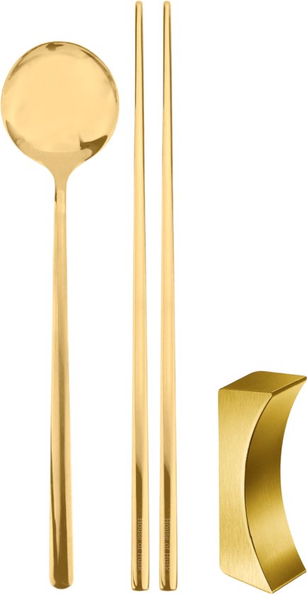House of Husk™ 1 Persoons Chopstick Lepel Set - 1 Paar Metalen Koreaanse Eetstokjes - Inclusief Eetlepel en Houder - RVS - Goud