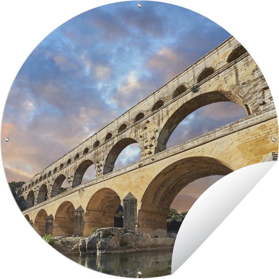 Tuincirkel Kleurrijke lucht boven Pont du Gard in Frankrijk - 60x60 cm - Ronde Tuinposter - Buiten
