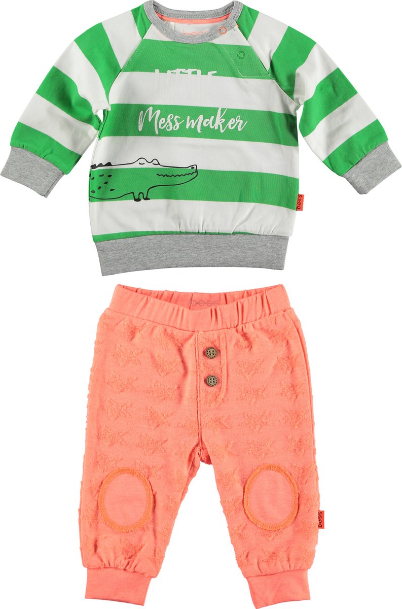 BESS - kledingset - 2delig - broek oranje met kniestukken - sweater groen wit gestreept - Maat 68