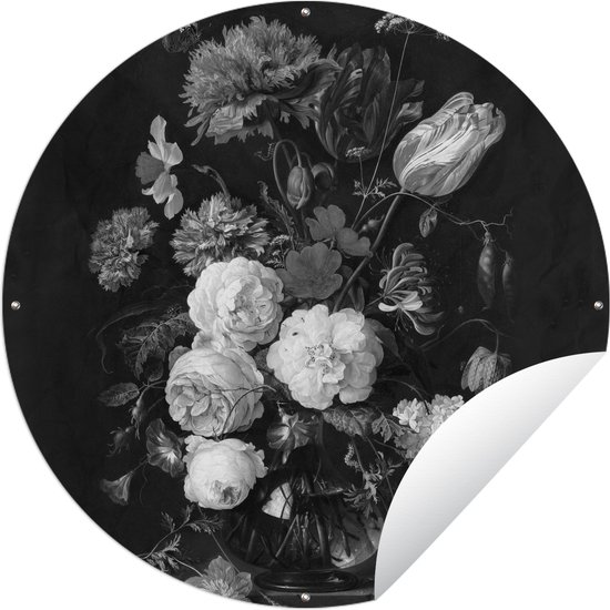 Tuincirkel Stilleven met bloemen in een glazen vaas - Schilderij van Jan Davidsz. de Heem - zwart wit - 90x90 cm - Ronde Tuinposter - Buiten