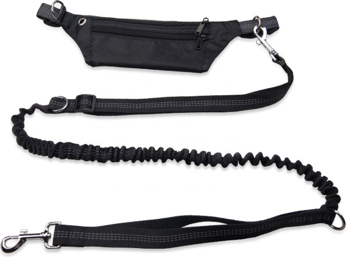 Darenci Handsfree Dierenriem Zwart - Handsfree Hondenlijn Met Heuptas - Schokbestendige Looplijn - Hardlooplijn - Elastische Leiband - 180 cm - Honden Uitlaatriem