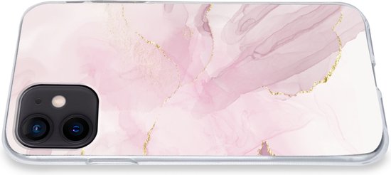 Telefoonhoesje Geschikt voor iPhone 12 mini hoesje - Marmer print - Gouden - Lijn - Siliconen Telefoonhoesje Telefoonhoesje