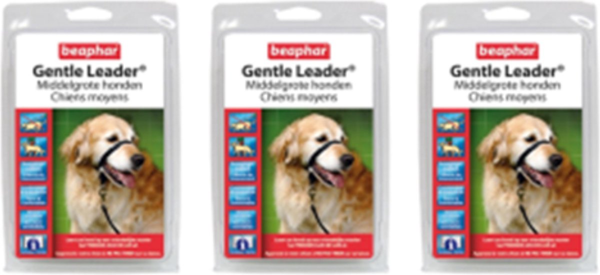 3x Beaphar Gentle Leader Medium - zwart - Hoofdhalsband voor honden
