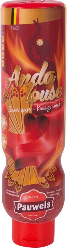 Fles Pauwels Andalouse saus met rode vlammen, silhouette van een danseres en de tekst 'Andalouse Saus'.