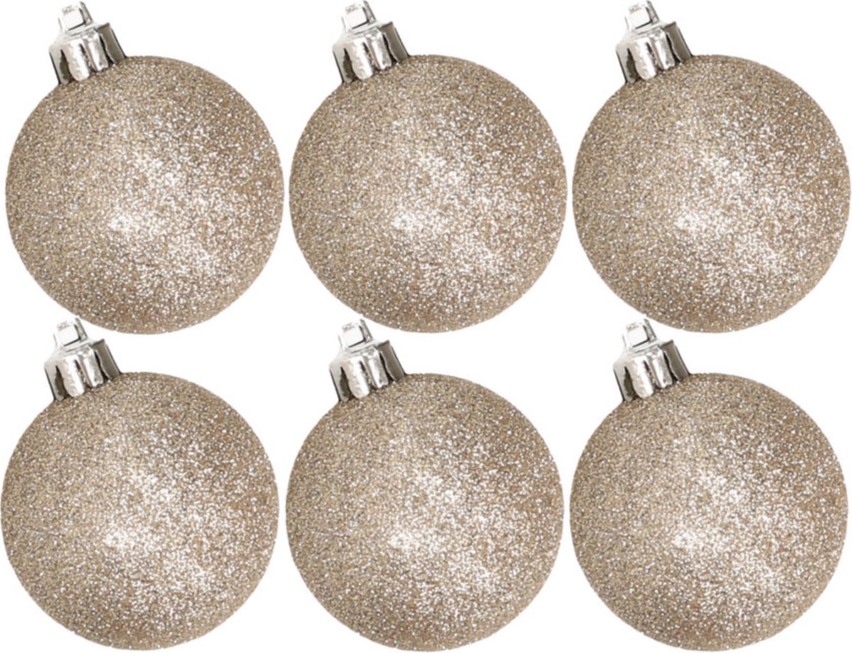 6x stuks kunststof glitter kerstballen champagne 8 cm - Onbreekbare kerstballen - Kerstversiering