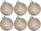 6x boules de Noël en plastique pailletées champagne 8 cm - Boules de Noël incassables - Décorations de Noël