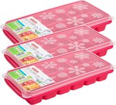 3x stuks Trays met ijsblokjes/ijsklontjes vormpjes 12 vakjes kunststof roze met afsluitdeksel