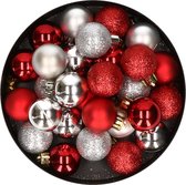 28x stuks kunststof kerstballen rood en zilver mix 3 cm - Kerstboomversiering