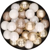 28x stuks kunststof kerstballen parel/champagne en wit mix 3 cm - Kerstboomversiering