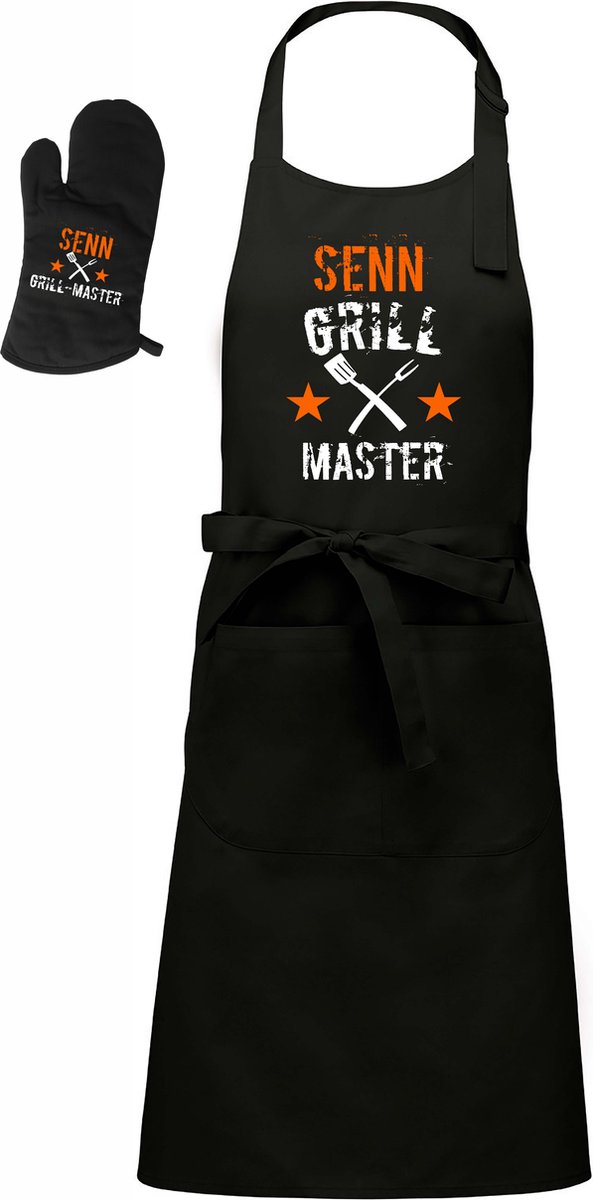 Mijncadeautje - Barbecueschort - Grill Master met Bestek - met naam - zwart - XXL 97 x 68 cm - gratis BBQ- handschoen