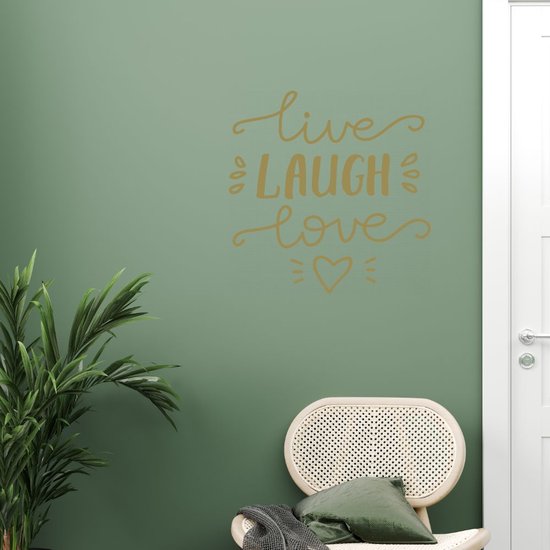 Stickerheld – Muursticker Live Laugh Love – Woonkamer – Liefde – met hartje – Engelse Teksten – Mat Goud – 55.3x55cm