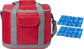 Grote koeltas draagtas/schoudertas rood met 2 stuks flexibele koelelementen 22 liter