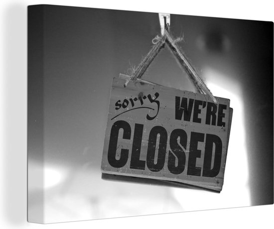 Tableau sur toile Panneau fermé sur corde - noir et blanc - 90x60 cm - Décoration murale