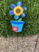 Windmolen met dubbele bloem - blauw + zonnebloem - nylon + kunststof steker- dia 28+16 cm x hoogte 82 cm - Tuinaccessoires - Tuinstekers