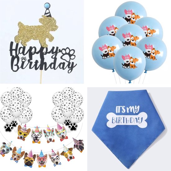22-delige honden verjaardag set Happy Birthday blauw met taarttopper, ballonnen, slinger en bandana - hond - verjaardag - huisdier - bandana - taarttopper