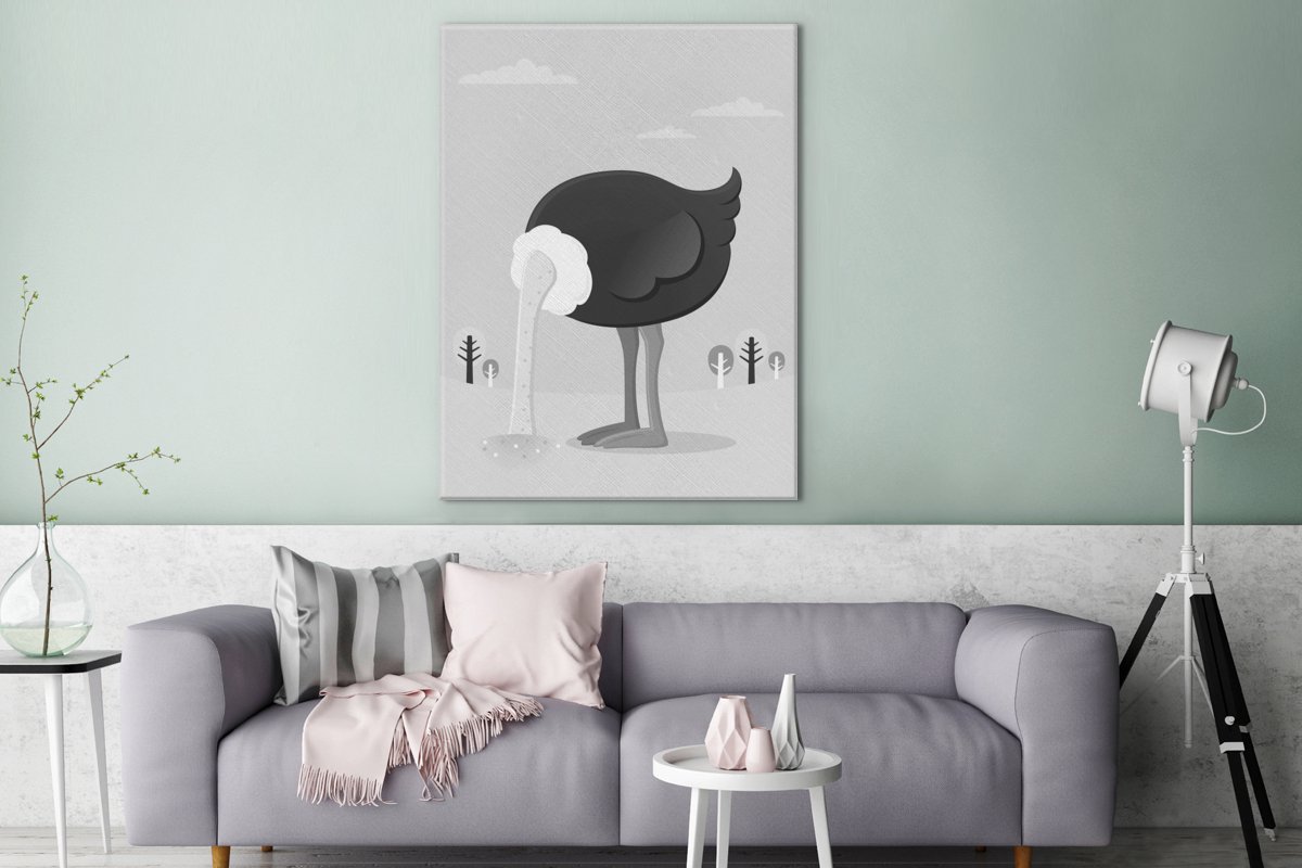 Canvas Schilderij tekening van een struisvogel met zijn kop in het zand