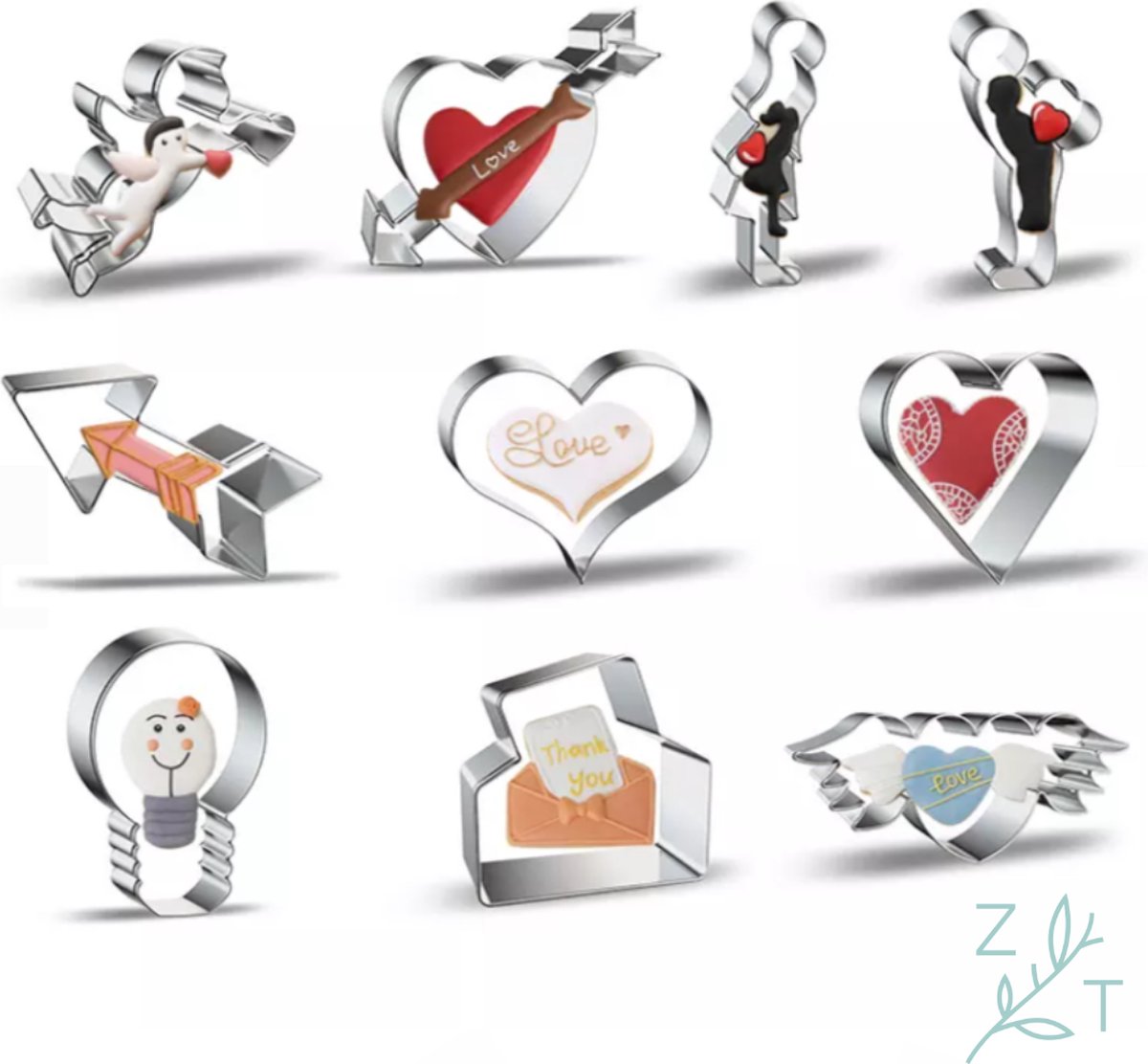 ZijTak - Valentijn - Uitsteekvorm set - 10 stuks - Liefde - Koekjes bakken - Hart - Cupido - RVS uitsteekvormen - Liefdesbrief - Pijl - Koppel - Lamp